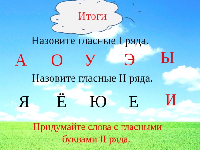 Итоги Назовите гласные I ряда. Ы Э А О У Назовите гласные II ряда. И Я Ё Ю Е Придумайте слова с гласными буквами II ряда.