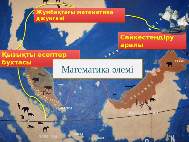 Жұмбақтағы математика джунглиі Сәйкестендіру аралы Қызықты есептер бухтасы Математика әлемі Математика әлемі