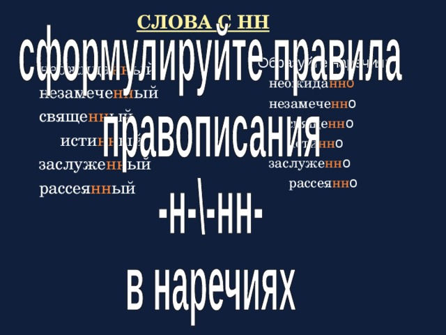 СЛОВА С НН Образуйте наречия: неожида нн о  незамече нн о  свяще нн о  исти нн о   заслуже нн о   рассея нн о     неожида нн ый  незамече нн ый  свяще нн ый  исти нн ый   заслуже нн ый  рассея нн ый