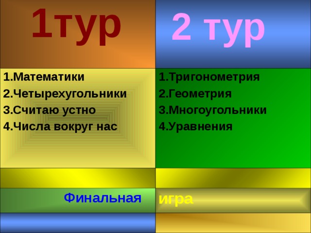 1тур 1.Математики 2.Четырехугольники 3.Считаю устно 4.Числа вокруг нас 1.Тригонометрия 2.Геометрия 3.Многоугольники 4.Уравнения  Финальная игра 2 тур