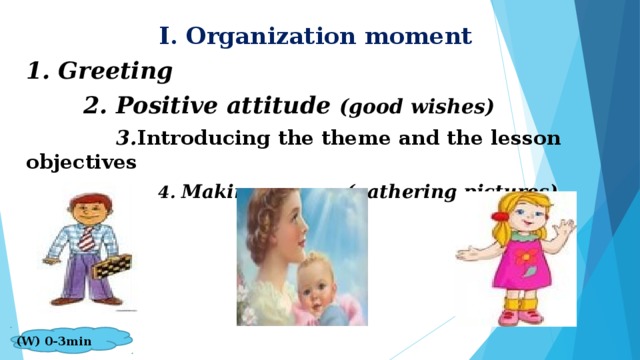 I. Organization moment 1. Greeting  2. Positive attitude (good wishes)  3. Introducing the theme and the lesson objectives  4. Making groups (gathering pictures)  (W) 0-3min