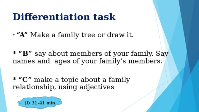 Differentiation task  * “A” Make a family tree or draw it. * “B” say about members of your family. Say names and ages of your family’s members. * “C” make a topic about a family relationship, using adjectives (I) 31-41 min