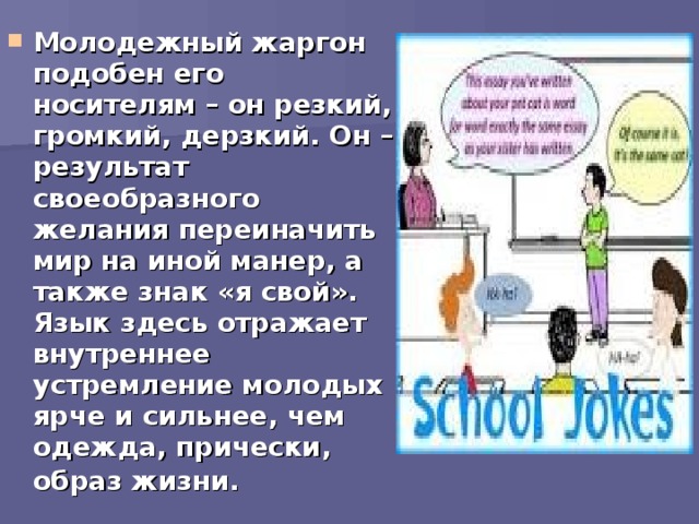 Молодежный жаргон подобен его носителям – он резкий, громкий, дерзкий. Он – результат своеобразного желания переиначить мир на иной манер, а также знак «я свой». Язык здесь отражает внутреннее устремление молодых ярче и сильнее, чем одежда, прически, образ жизни.