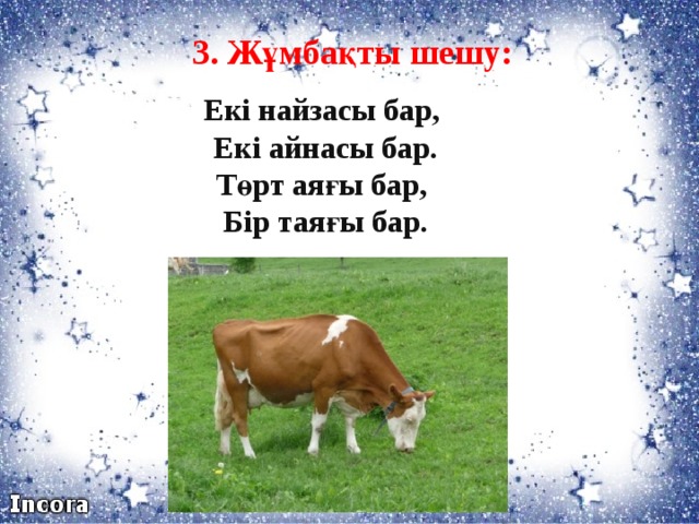 3. Жұмбақты шешу: Екі найзасы бар,   Екі айнасы бар.  Төрт аяғы бар,   Бір таяғы бар.