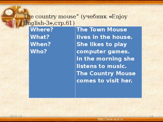 The country mouse ” (учебник « Enjoy English-3 » ,стр.61) Where? What? When? Who? The Town Mouse lives in the house. She likes to play computer games. In the morning she listens to music. The Country Mouse comes to visit her. 26.01.18