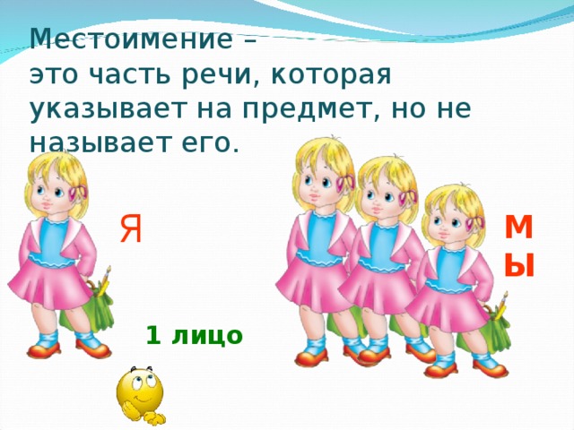 Местоимение –  это часть речи, которая указывает на предмет, но не называет его. Я МЫ 1 лицо