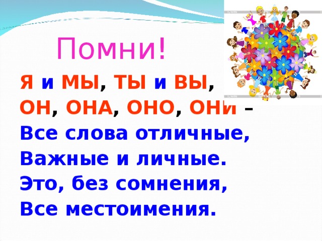 Помни! Я  и  МЫ , ТЫ  и  ВЫ , ОН , ОНА , ОНО , ОНИ – Все слова отличные, Важные и личные. Это, без сомнения, Все местоимения.