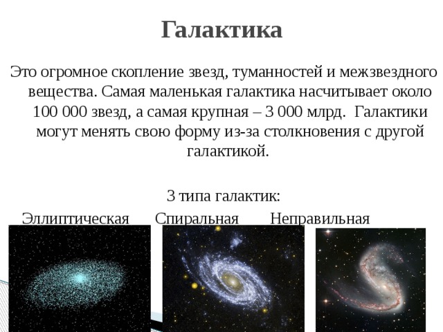Галактика Это огромное скопление звезд, туманностей и межзвездного вещества. Самая маленькая галактика насчитывает около 100 000 звезд, а самая крупная – 3 000 млрд. Галактики могут менять свою форму из-за столкновения с другой галактикой. 3 типа галактик:  Эллиптическая   Спиральная   Неправильная