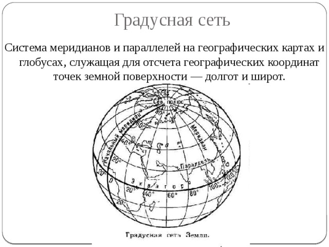 Градусная сеть Система меридианов и параллелей на географических картах и глобусах, служащая для отсчета географических координат точек земной поверхности — долгот и широт.