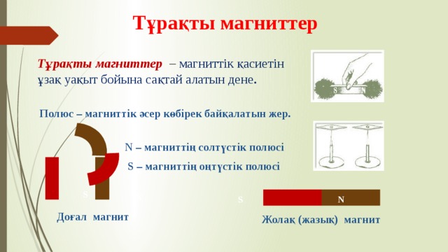 Тұрақты магниттер Тұрақты магниттер – магниттік қасиетін ұзақ уақыт бойына сақтай алатын дене . Полюс – магниттік әсер көбірек байқалатын жер. N – магниттің солтүстік полюсі  S – магниттің оңтүстік полюсі S N N S Доғал магнит Жолақ (жазық) магнит