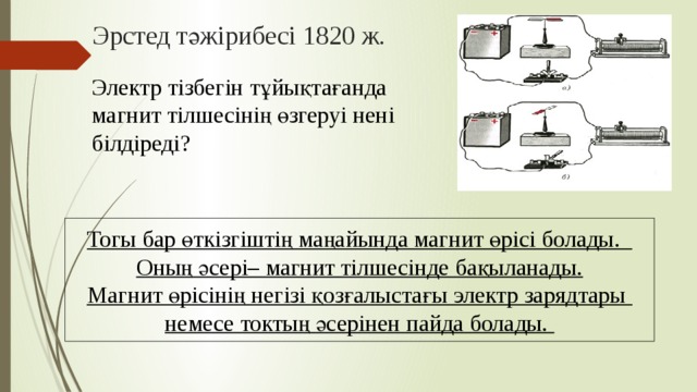 Эрстед тәжірибесі 1820 ж. Электр тізбегін тұйықтағанда магнит тілшесінің өзгеруі нені білдіреді? Тогы бар өткізгіштің маңайында магнит өрісі болады. Оның әсері– магнит тілшесінде бақыланады. Магнит өрісінің негізі қозғалыстағы электр зарядтары немесе токтың әсерінен пайда болады.