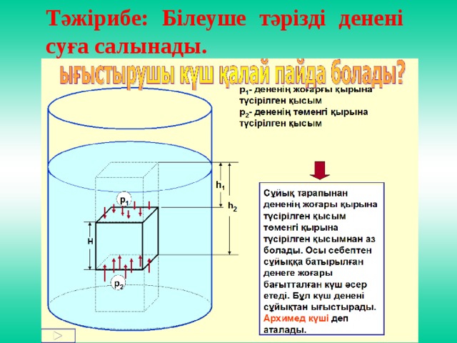 Тәжірибе: Білеуше тәрізді денені суға салынады.