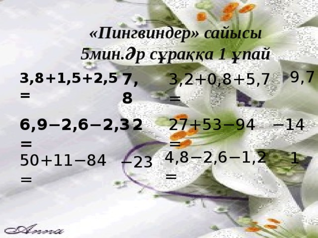 − 23 4,8−2,6−1,2= 1 «Пингвиндер» сайысы 5мин.Әр сұраққа 1 ұпай 9,7 3,8+1,5+2,5= 7,8 3,2+0,8+5,7= 6,9−2,6−2,3= 2 27+53−94 = − 14  50+11−84=