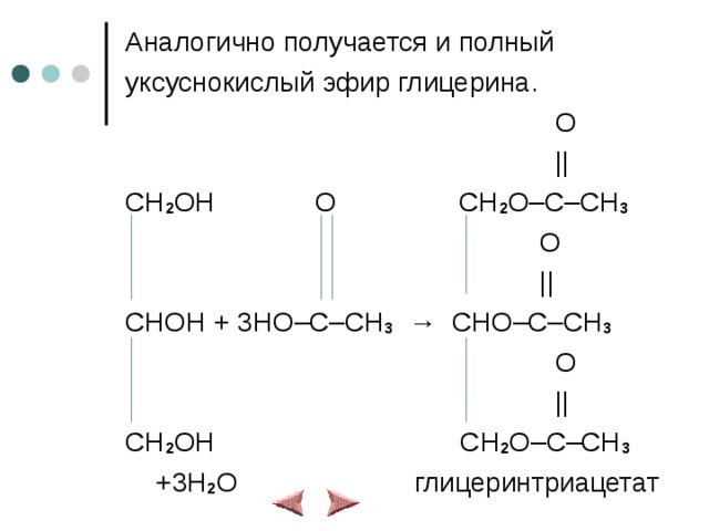 Аналогично получается и полный уксуснокислый эфир глицерина.  O  || CH 2 OH O CH 2 O–C–CH 3  O  || CHOH + 3HO–C–CH 3  → CHO–C–CH 3  O  || CH 2 OH CH 2 O–C–CH 3   +3H 2 O глицеринтриацетат