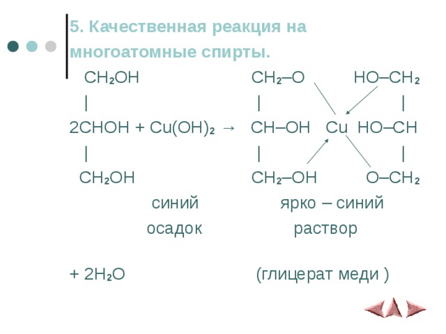 5. Качественная реакция на многоатомные спирты.  CH 2 OH CH 2 –O HO–CH 2  | | | 2CHOH + Cu(OH) 2  → CH–OH Cu HO–CH  | | |  CH 2 OH CH 2 –OH O–CH 2  синий ярко – синий  осадок раствор  + 2H 2 O  (глицерат меди )