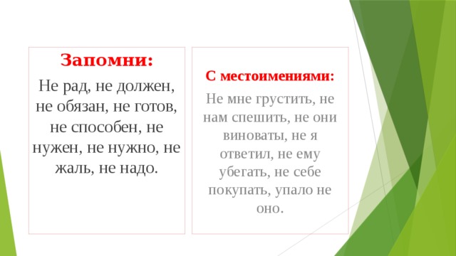 Запомни: С местоимениями: Не рад, не должен, не обязан, не готов, не способен, не нужен, не нужно, не жаль, не надо. Не мне грустить, не нам спешить, не они виноваты, не я ответил, не ему убегать, не себе покупать, упало не оно.