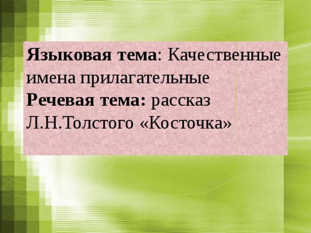 Языковая тема : Качественные имена прилагательные  Речевая тема: рассказ Л.Н.Толстого «Косточка»  