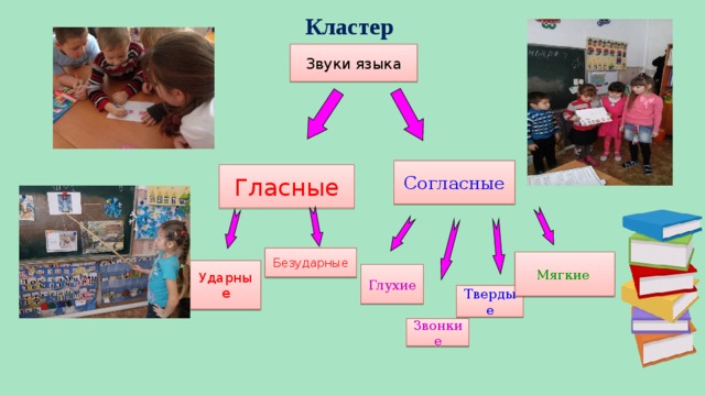 Кластер Звуки языка Согласные Гласные Безударные Мягкие  Ударные Глухие Твердые Звонкие