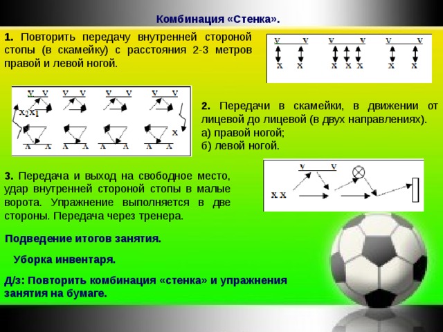 Комбинация «Стенка». 1. 2. 3. Подведение итогов занятия. Уборка инвентаря. Д/з: Повторить комбинация «стенка» и упражнения занятия на бумаге.