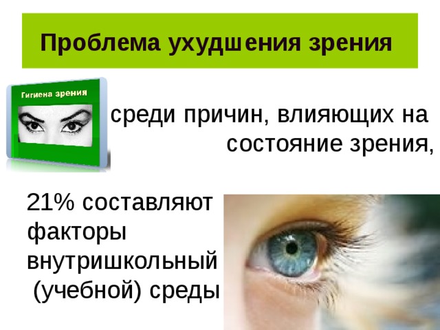 Проблема ухудшения зрения   среди причин, влияющих на состояние зрения, 21% составляют факторы внутришкольный  (учебной) среды