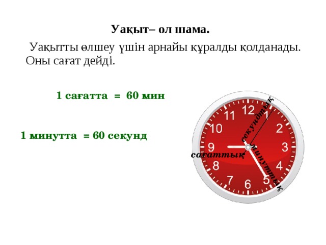 минуттық секундтық  Уақыт– ол шама.  Уақытты өлшеу үшін арнайы құралды қолданады. Оны сағат дейді. 1 сағатта = 60 мин 1 минутта = 60 секунд сағаттық
