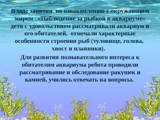 В ходе занятия по ознакомлению с окружающим миром «Наблюдение за рыбкой в аквариуме» дети с удовольствием рассматривали аквариум и его обитателей, отмечали характерные особенности строения рыб (туловище, голова, хвост и плавники). Для развития познавательного интереса к обитателям аквариума ребята проводили рассматривание и обследование ракушек и камней, учились отвечать на вопросы.