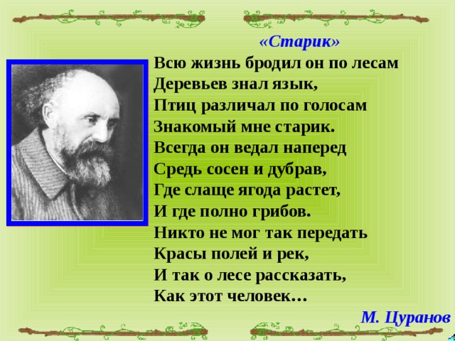 «Старик» Всю жизнь бродил он по лесам Деревьев знал язык, Птиц различал по голосам Знакомый мне старик. Всегда он ведал наперед Средь сосен и дубрав, Где слаще ягода растет, И где полно грибов. Никто не мог так передать Красы полей и рек, И так о лесе рассказать, Как этот человек… М. Цуранов