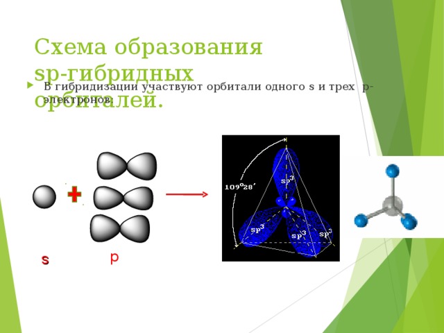 Схема образования  sp -гибридных орбиталей. В гибридизации участвуют орбитали одного s и трех p -электронов:   p s