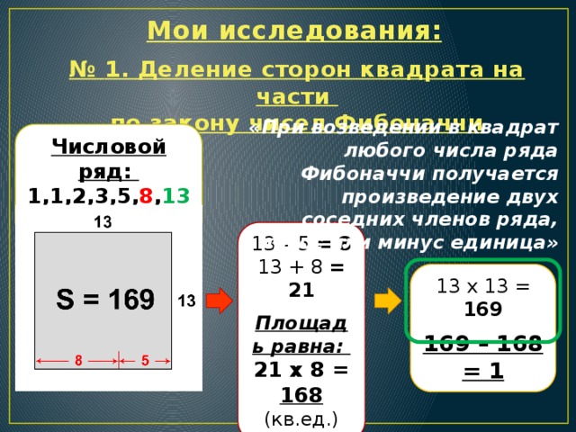 Мои исследования: № 1. Деление сторон квадрата на части по закону чисел Фибоначчи «При возведении в квадрат любого числа ряда Фибоначчи получается произведение двух соседних членов ряда, плюс или минус единица» Числовой ряд: 1,1,2,3,5, 8 , 13 , 21 ,… 13 – 5 = 8 13 + 8 = 21 Площадь равна: 21 х 8 = 168  (кв.ед.) 13 x 13  = 169 169 – 168 = 1