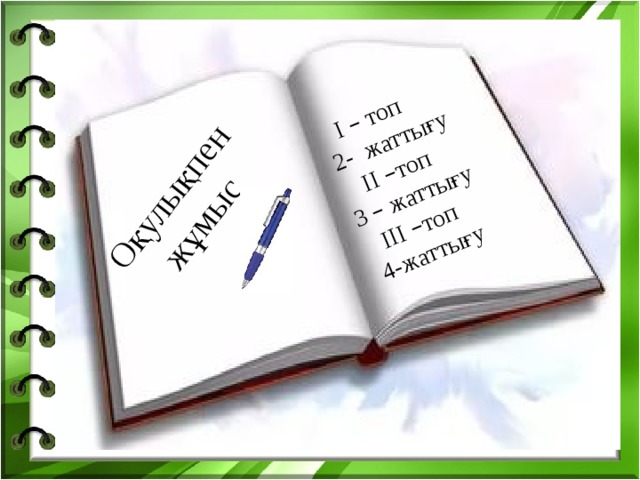 І – топ  2- жаттығу ІІ – топ  3 – жаттығу ІІІ – топ 4-жаттығу Оқулықпен жұмыс