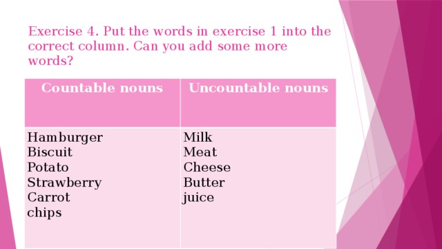 Exercise 4. Put the words in exercise 1 into the correct column. Can you add some more words? Countable nouns Uncountable nouns Hamburger Biscuit Milk Meat Potato Strawberry Cheese Butter Carrot chips juice