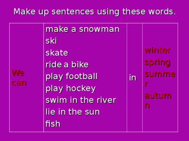 Make up sentences using these words. We can make a snowman ski skate ride  a bike play football play hockey swim in the river lie in the sun fish in winter spring summer autumn