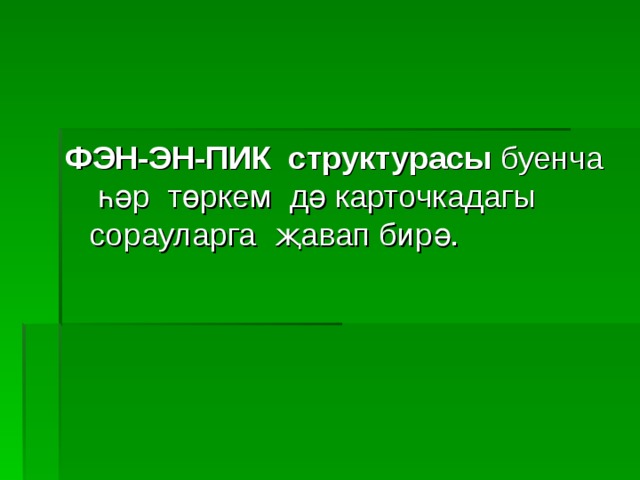 ФЭН-ЭН-ПИК структурасы буенча һәр төркем дә карточкадагы сорауларга җавап бирә.