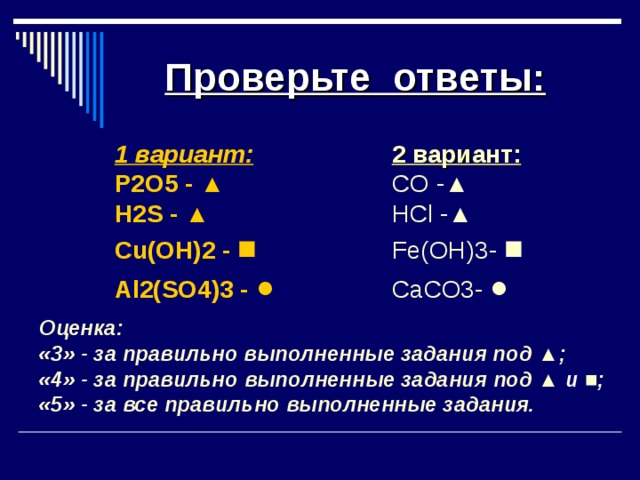 Проверьте ответы: 1 вариант: P2O5 - ▲ H2S - ▲ Cu(OH)2 - ■ Al2(SO4)3 - ● 2 вариант: CO -▲ HCl -▲ Fe(OH)3 - ■ CaCO3 - ● Оценка: «3» - за правильно выполненные задания под ▲; «4» - за правильно  выполненные задания под ▲ и ■; «5» - за все правильно  выполненные  задания.