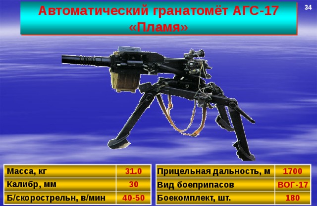 34 Автоматический гранатомёт АГС-17 «Пламя» Масса, кг Прицельная дальность, м Калибр, мм Вид боеприпасов 31.0 1700 Б/скорострельн, в/мин Боекомплект, шт. 30 ВОГ-17 40-50 180