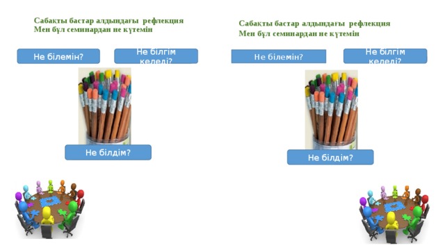 Сабақты бастар алдындағы рефлекция  Мен бұл семинардан не күтемін   Сабақты бастар алдындағы рефлекция  Мен бұл семинардан не күтемін Не білгім келеді? Не білгім келеді? Не білемін? Не білемін? Не білдім? Не білдім?