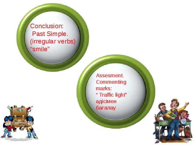 Conclusion:  Past Simple. (irregular verbs) “ smile” Assesment. Commenting marks: “ Traffic light” әдісімен бағалау