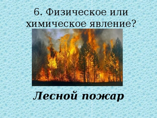 6. Физическое или химическое явление ? Лесной пожар