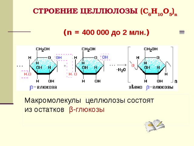 СТРОЕНИЕ ЦЕЛЛЮЛОЗЫ (C 6 H 10 O 5 ) n   (n = 400 000 до 2 млн. ) Макромолекулы  целлюлозы состоят   из остатков  β -глюкозы  