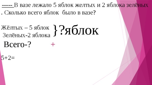 ----- В вазе лежало 5 яблок желтых и 2 яблока зелёных . Сколько всего яблок было в вазе? Жёлтых – 5 яблок    Зелёных-2 яблока 5+2= }?яблок Всего-? +