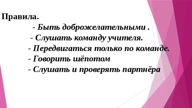 Правила.  - Быть доброжелательными .  - Слушать команду учителя.  - Передвигаться только по команде.  - Говорить шёпотом  - Слушать и проверять партнёра