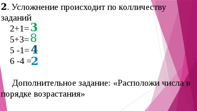 2 . Усложнение происходит по колличеству заданий  2+1=  5+3=  5 -1=  6 -4 =  Дополнительное задание: «Расположи числа в порядке возрастания» 3 8 4 2