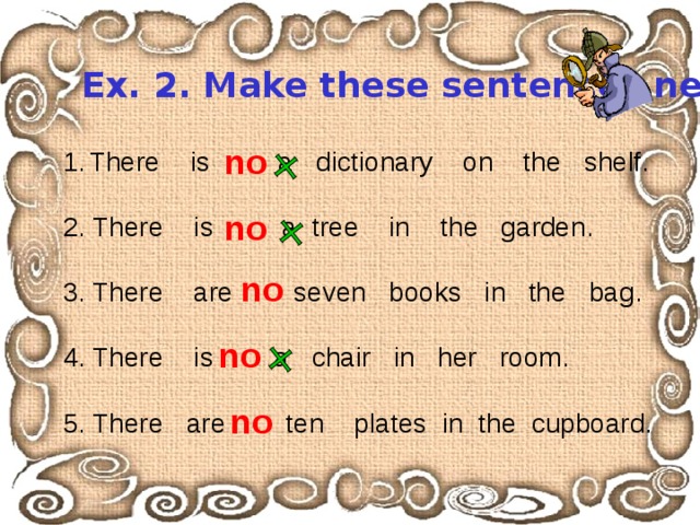 Ex. 2. Make these sentences negative. no There is a dictionary on the shelf.  2. There is a tree in the garden. 3. There are seven books in the bag. 4. There is a chair in her room. 5. There are ten plates in the cupboard. no no no no