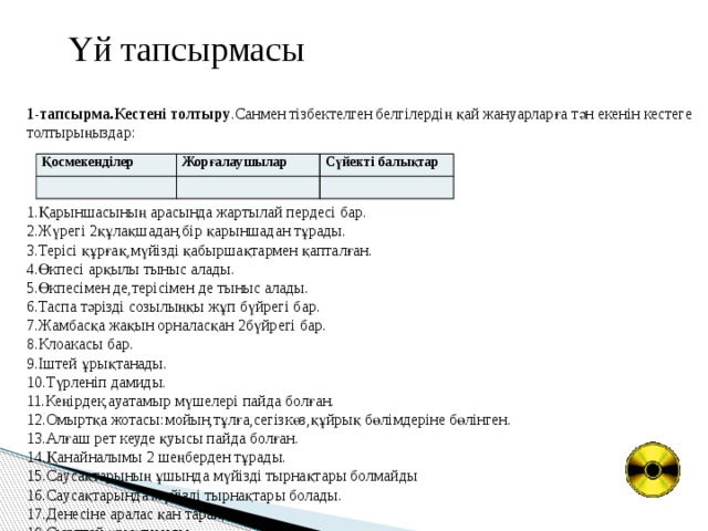 Үй тапсырмасы 1-тапсырма.Кестені толтыру .Санмен тізбектелген белгілердің қай жануарларға тән екенін кестеге толтырыңыздар: Қосмекенділер Жорғалаушылар   Сүйекті балықтар     1.Қарыншасының арасында жартылай пердесі бар. 2.Жүрегі 2құлақшадан,бір қарыншадан тұрады. 3.Терісі құрғақ,мүйізді қабыршақтармен қапталған. 4.Өкпесі арқылы тыныс алады. 5.Өкпесімен де,терісімен де тыныс алады. 6.Таспа тәрізді созылыңқы жұп бүйрегі бар. 7.Жамбасқа жақын орналасқан 2бүйрегі бар. 8.Клоакасы бар. 9.Іштей ұрықтанады. 10.Түрленіп дамиды. 11.Кеңірдек,ауатамыр мүшелері пайда болған. 12.Омыртқа жотасы:мойын,тұлға,сегізкөз,құйрық бөлімдеріне бөлінген. 13.Алғаш рет кеуде қуысы пайда болған. 14.Қанайналымы 2 шеңберден тұрады. 15.Саусақтарының ұшында мүйізді тырнақтары болмайды 16.Саусақтарында мүйізді тырнақтары болады. 17.Денесіне аралас қан тарайды 18.Сырттай ұрықтанады