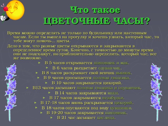 Что такое  ЦВЕТОЧНЫЕ ЧАСЫ? Время можно определять не только по будильнику или настенным часам. Если ты вышел на прогулку и хочешь узнать, который час, то тебе могут помочь... цветы. Дело в том, что разные цветы открываются и закрываются в определенное время суток. Конечно, с точностью до минуты время они не подскажут, но приблизительно определить, который час, все же возможно.