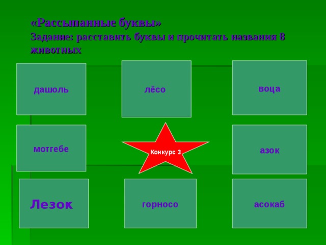 «Рассыпанные буквы»  Задание: расставить буквы и прочитать названия 8 животных лёсо воца дашоль Конкурс 3 мотгебе азок Лезок асокаб горносо