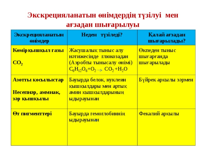 Экскрецияланатын өнімдердің түзілуі мен ағзадан шығарылуы Экскрецияланатын өнімдер Неден түзіледі ? Көмірқышқыл газы  CO 2 Қалай ағзадан шығарылады ? Жасушалық тыныс алу нәтижесінде глюкозадан (Аэробты тынысалу өнімі) C 6 H 12 O 6 +O 2 CO 2 +H 2 O Азотты қосылыстар  Несепнәр , аммиак , зәр қышқылы Өкпеден тыныс шығарғанда шығарылады Бауырда белок, нуклеин қышқылдары мен артық амин қышқылдарының ыдырауынан Өт пигменттері Бүйрек арқылы зәрмен Бауырда гемоглобиннің ыдырауынан Фекалий арқылы