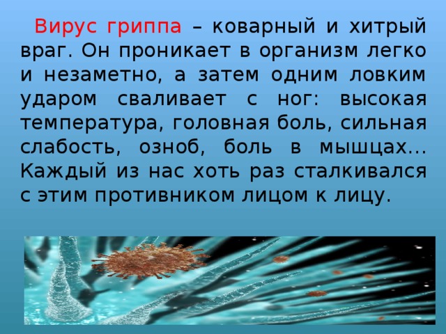 Вирус гриппа – коварный и хитрый враг. Он проникает в организм легко и незаметно, а затем одним ловким ударом сваливает с ног: высокая температура, головная боль, сильная слабость, озноб, боль в мышцах… Каждый из нас хоть раз сталкивался с этим противником лицом к лицу.