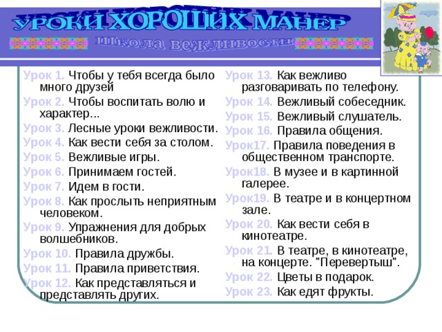 Урок 13.  Как вежливо разговаривать по телефону. Урок 14.  Вежливый собеседник. Урок 15.  Вежливый слушатель. Урок 16.  Правила общения. Урок17.  Правила поведения в общественном транспорте. Урок18.  В музее и в картинной галерее. Урок19.  В театре и в концертном зале. Урок 20.  Как вести себя в кинотеатре. Урок 21.  В театре, в кинотеатре, на концерте. 