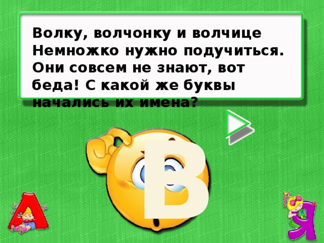 Волку, волчонку и волчице Немножко нужно подучиться. Они совсем не знают, вот беда! С какой же буквы начались их имена? В